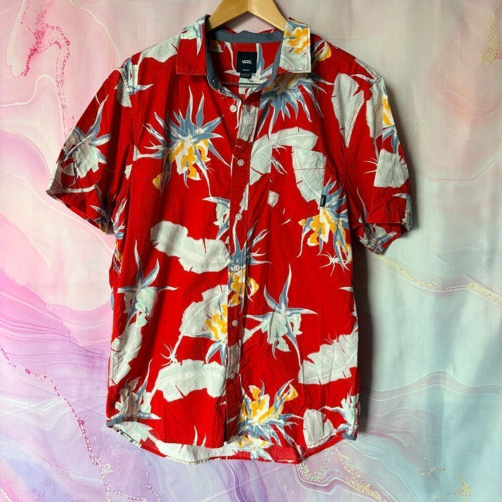 Vans M Red Yellow Casual Button Down Shirt Boho Tropical Boardwalk Skater Beach